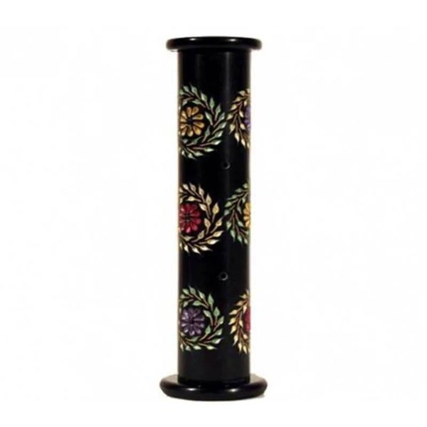 Wierookbrander pilaar - zeepsteen met kleurige bloemmotieven