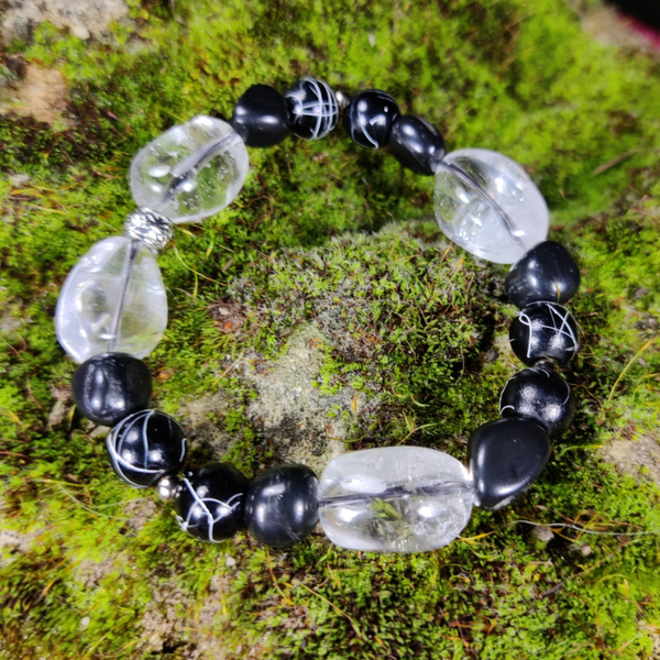 Armband Bergkristal, Obsidiaan en melkglas
