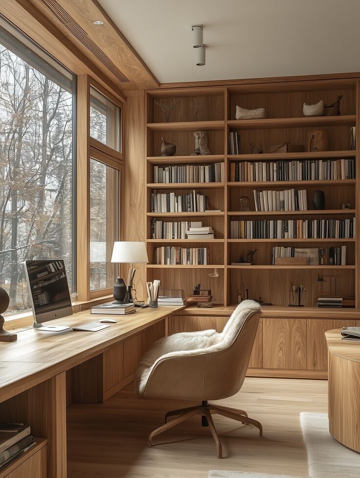 Exklusives Home-Office nach Maß in Eiche Natur mit integrierter Bibliotheksand und Eckschreibtisch am Fenster. Perfekte Raumnutzung und Design für Villen in Berlin-Grunewald oder Zehlendorf. Minimalistische Ästhetik mit maximalem Stauraum