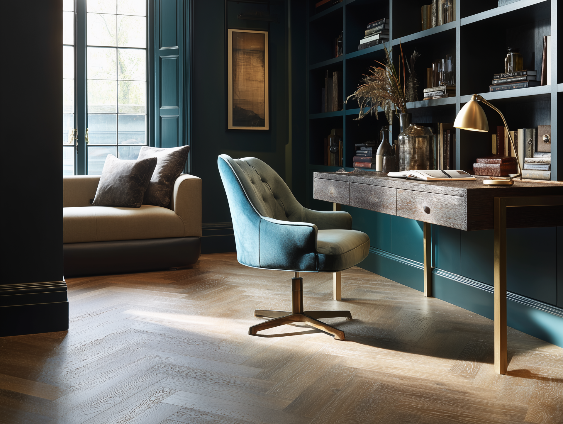 Maßgefertigtes Home Office mit deckenhohem Bibliotheksregal aus dunklem Holz und integriertem Schreibtisch, klassisch eingerichtet mit blauem Samtsessel in einer Altbauwohnung in Berlin Charlottenburg. Perfekter Einbau nach Maß.