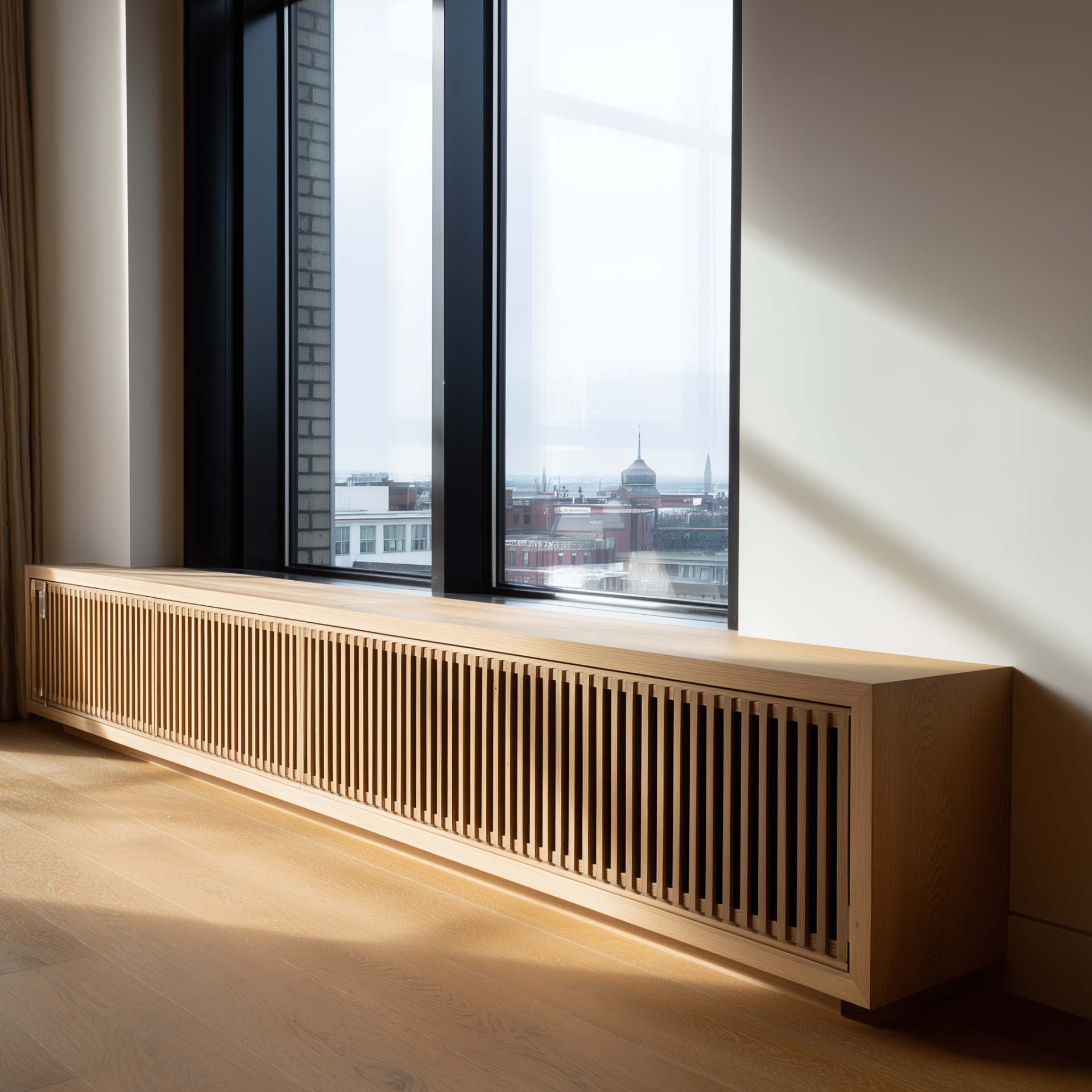 Maßgefertigte Heizkörperverkleidung im Japandi-Stil aus Eiche. Modernes Lamellen-Design für bodentiefe Fenster in einem Penthouse in Berlin-Mitte oder Prenzlauer Berg. Optimale Luftzirkulation.