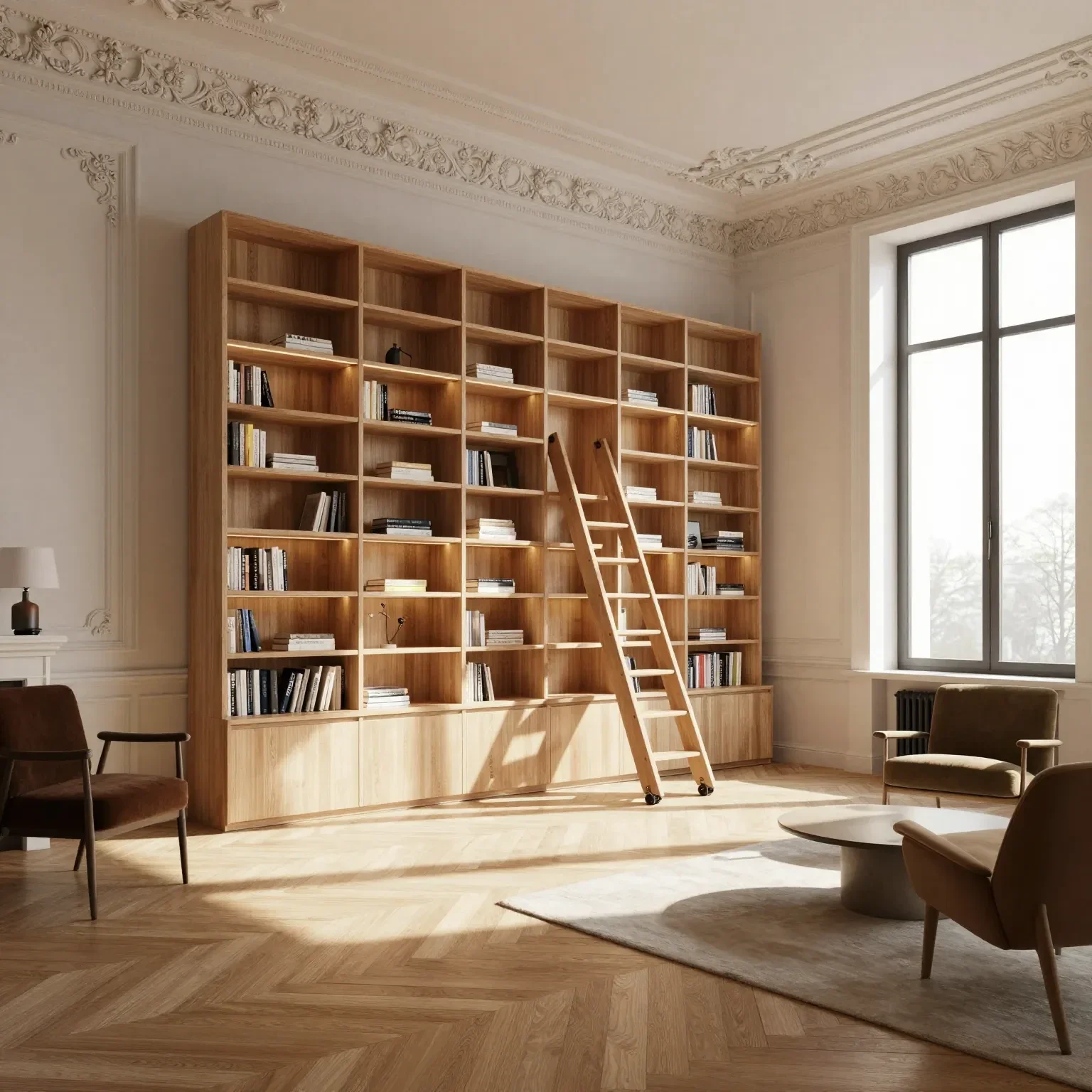 Helle Regalwand aus Eichenholz mit passender Leiter, eingebaut in einer Altbauwohnung mit hohen Decken und Stuck in Berlin-Schöneberg.