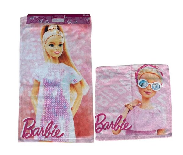 SET ASCIUGAMANI MATTELVISO OSPITE 1+1 SPUGNA IN COTONE 100% “BARBIE”