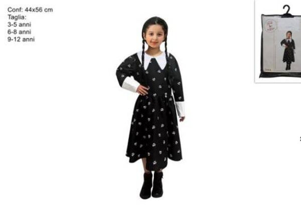 Mercoledì Addams con parrucca - Vestito carnevale per bambini, 3-12 anni