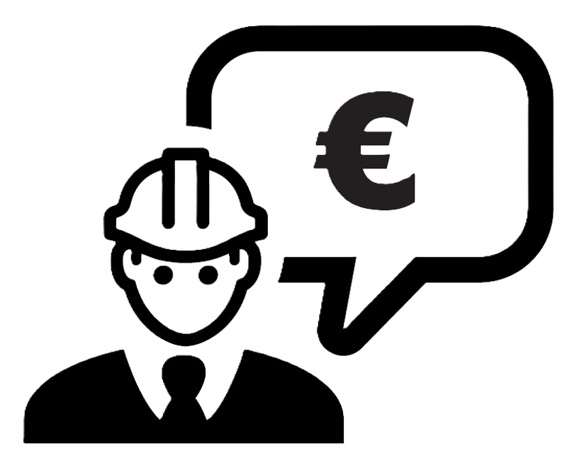 Icon van een mannetje met stropdas en werkhelm, pratende over Euro's, verbeeld een techneut die verkoopt