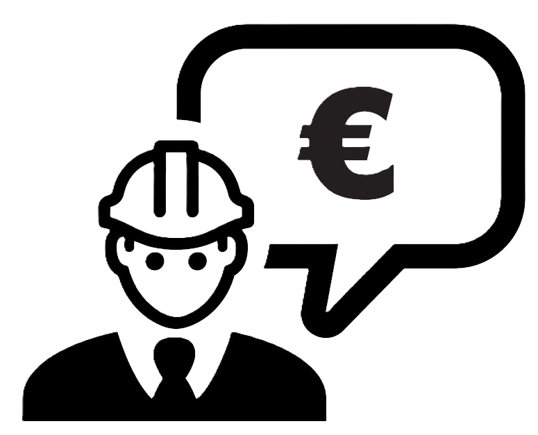 Icon van een mannetje met stropdas en werkhelm, pratende over Euro's, verbeeld een techneut die verkoopt