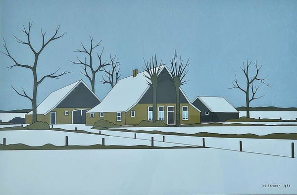Klaas Bernink (1913-1996) Twentse boerderij in winters landschap,