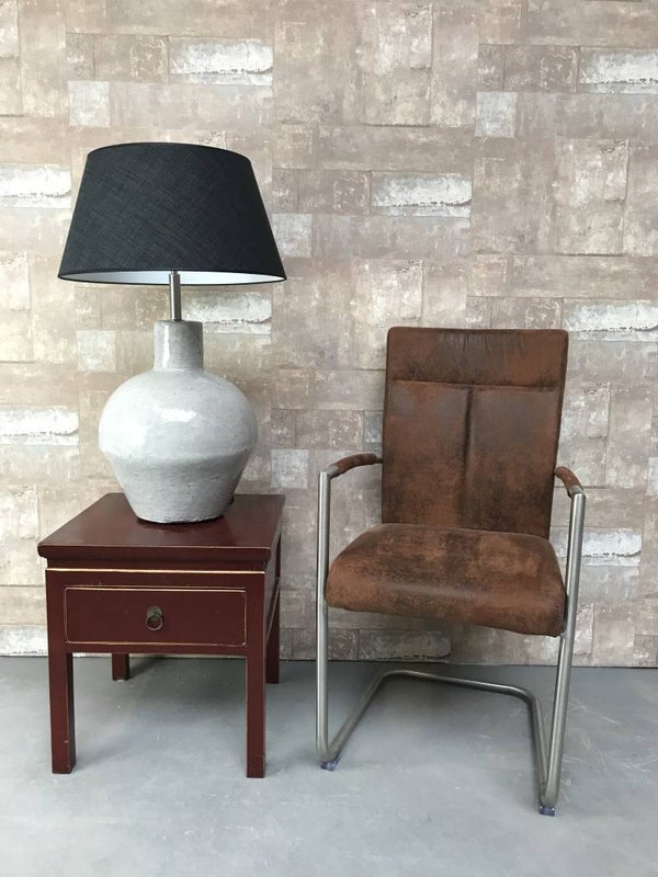 T030709 Tafellamp aardewerk grijs glazuur met antraciet linnen kap.