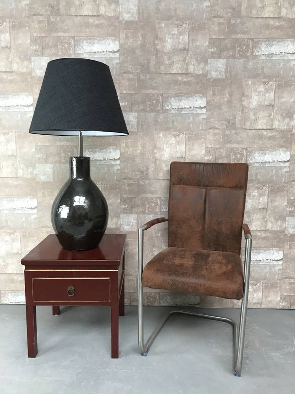 T011404 Tafellamp aardewerk donker groen glazuur met antraciet linnen kap.