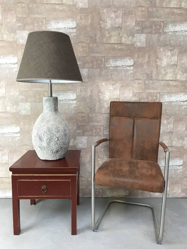 T017907 Tafellamp aardewerk ocean oxide met bruine linnen kap.