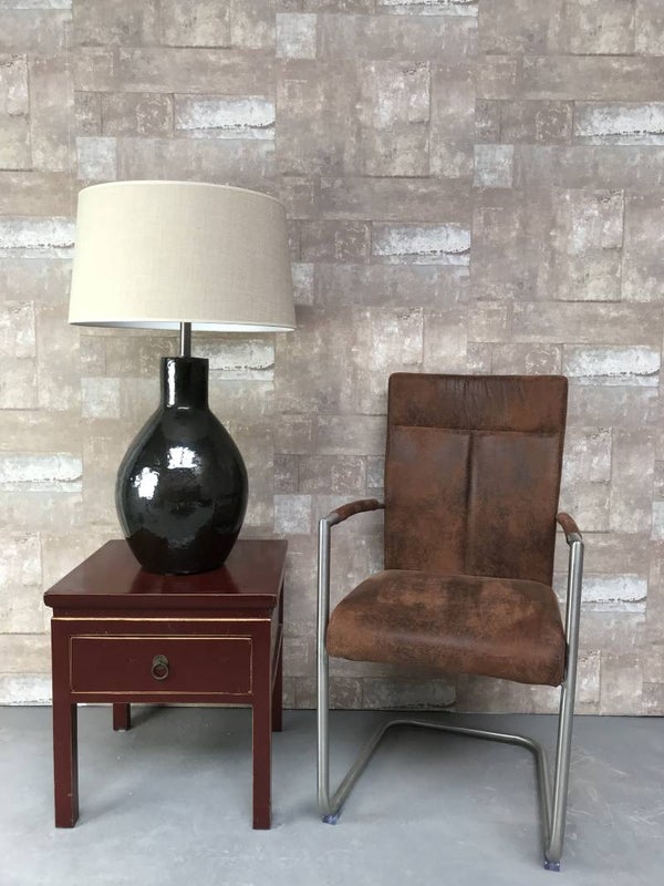 T011416 Tafellamp aardewerk donker groen glazuur met creme linnen kap.