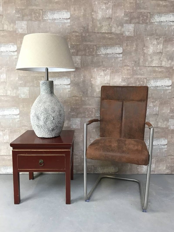 T017913 Tafellamp aardewerk ocean oxide met creme linnen kap.