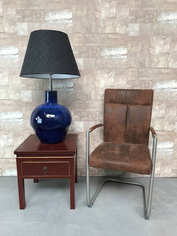 T031204 Tafellamp aardewerk blauw glazuur met antraciet linnen kap.