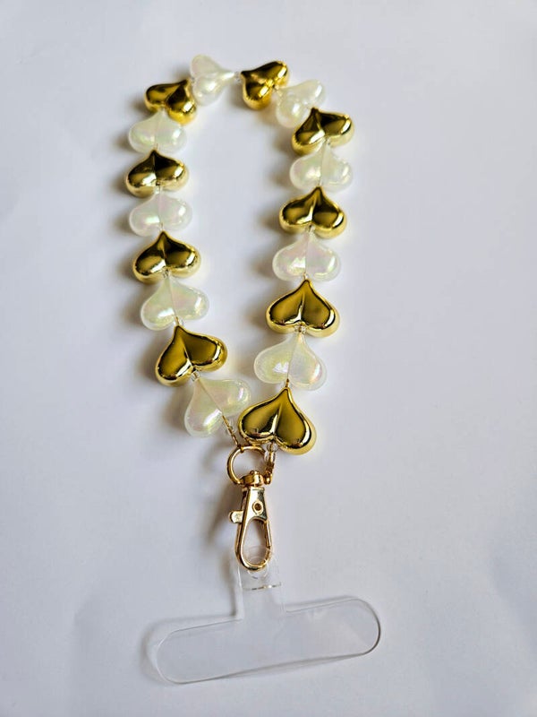 Telefoonkoord hartjes parelmoer wit/goud