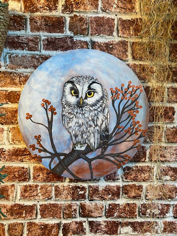 Eule mit wichtiger Botschaft Acryl auf Leinwand rund