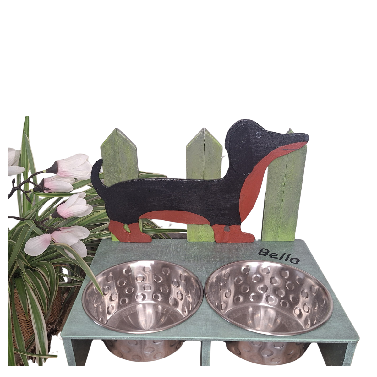 Erhöhte Futterbar aus Holz mit Dackel Motiv- Personalisiert