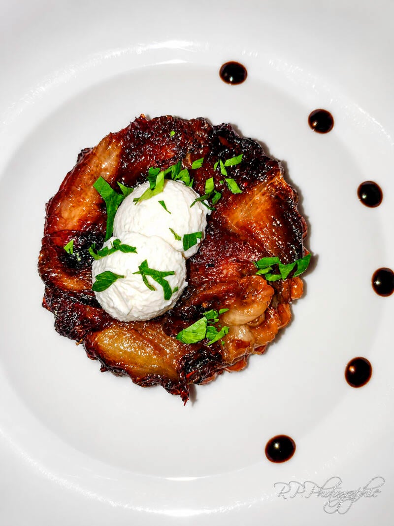 endive tatin with acacia honey ricotta balls espelette pepper