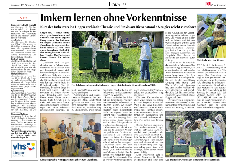 Imkerliche Grundschulung 2027 beim Imkerverein Lingen 