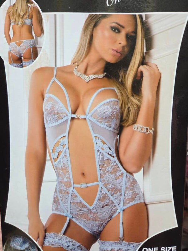 2 pc cut out laced garter romper with snap crotch