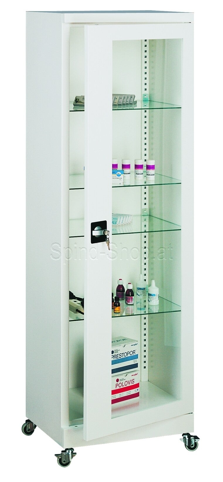 Arztschrank, Vitrinenschrank, Medizinschrank, Praxisschrank auf Rollen, Metall, 1-türig, 600 mm breit