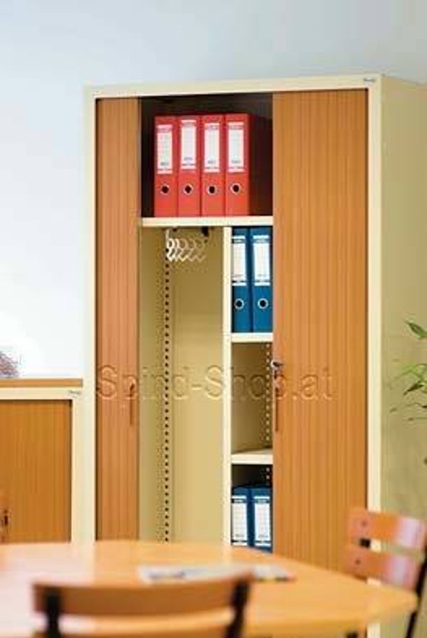 Aktenschrank, Rollladenschrank mit Garderobenabteil und 4 Fachböden, 1.000 mm Breite