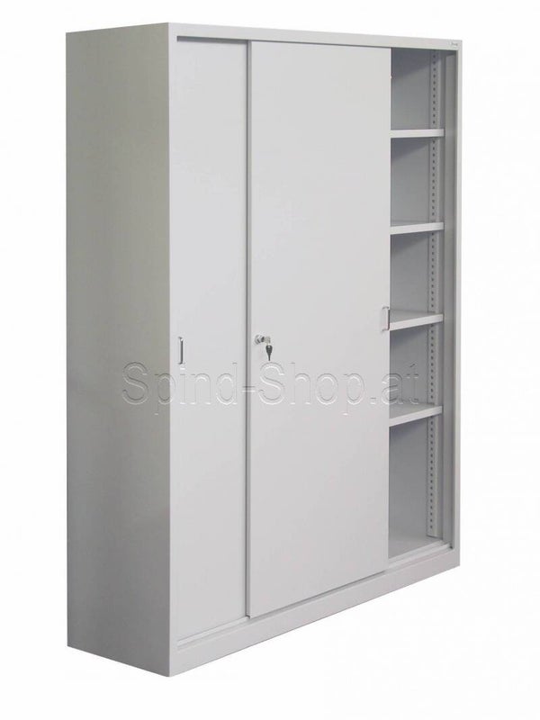 Schiebetürenschrank aus Stahl mit 2 x 4 Fachböden, 1.400 mm Breite