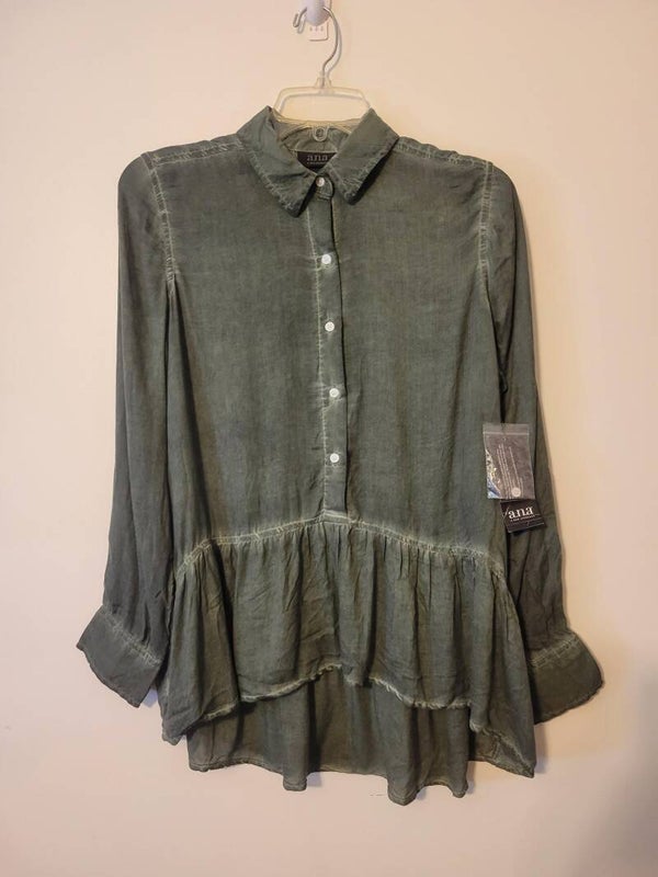 A.N.A. Small Flagstaff Green Button up Pullover Rayon Ruffled Long SL Top NEW
