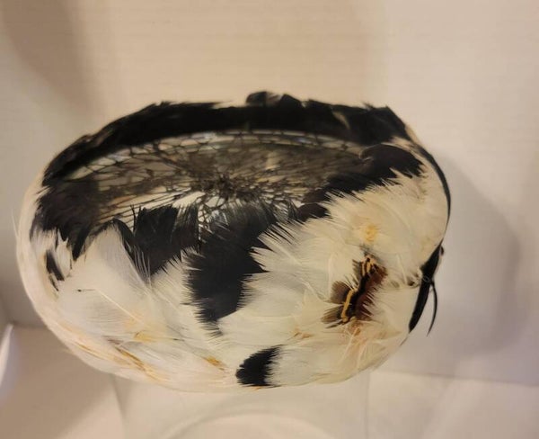 1950's Feather Hat Vintage Black White Brown Feathers / Netting on Top Styled by Miss Feige