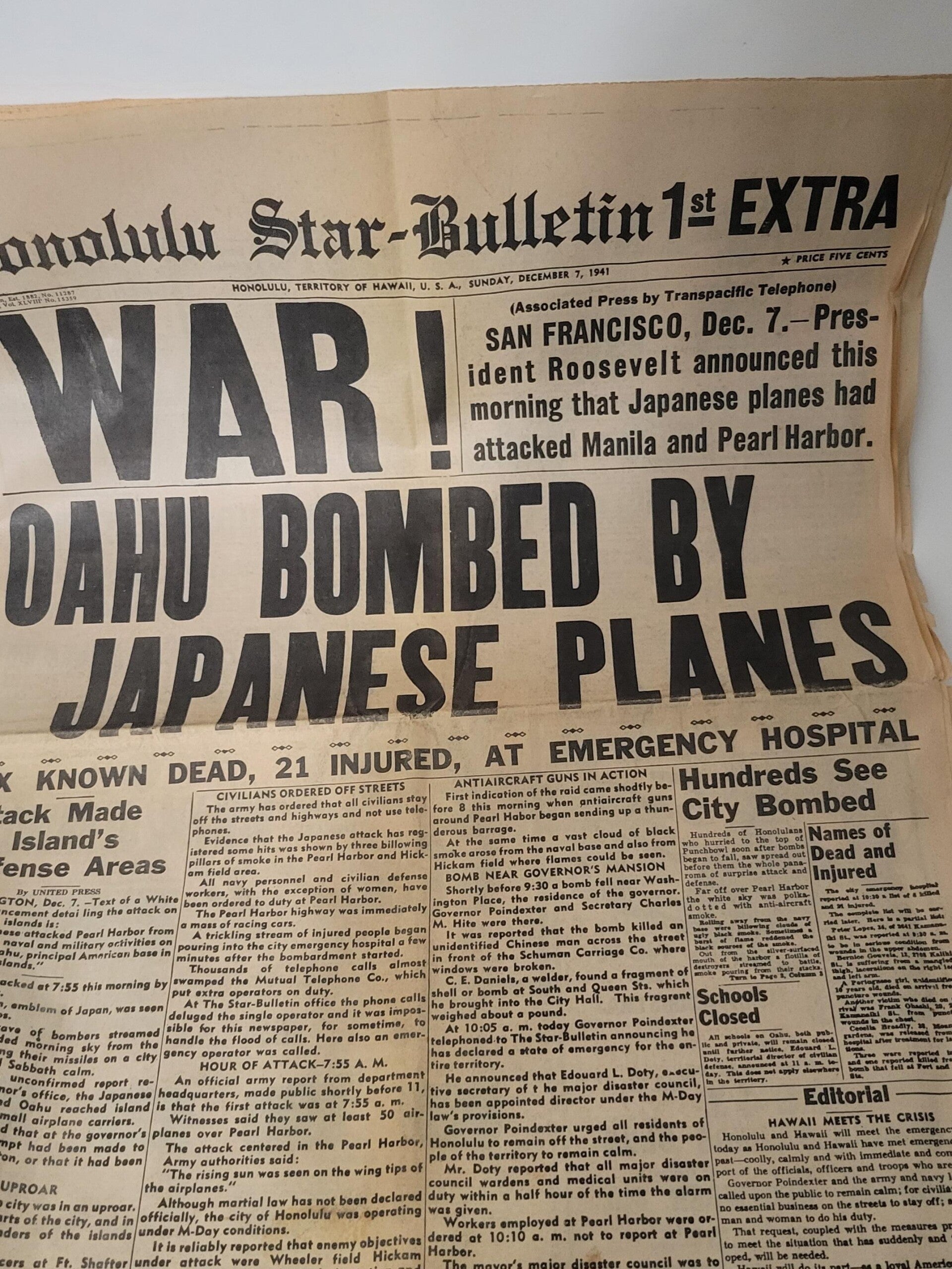 "1941" Dec. 7 th. Newspaper 5 Pages -2 sided WAR!!