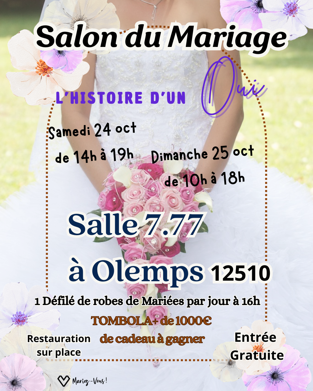 mariée dans sa très belle robe pour son grand jour avec une magnifique composition bouquet de roses qui illumine la mariée