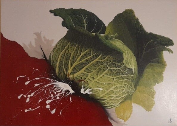 La nascita del cavolo, olio su tela 80×60 cm, 2018 – dipinto di Mauro Miconi Studio del gesto espressivo, ricerca non proseguita in quanto non coerente con lo sviluppo del progetto attuale