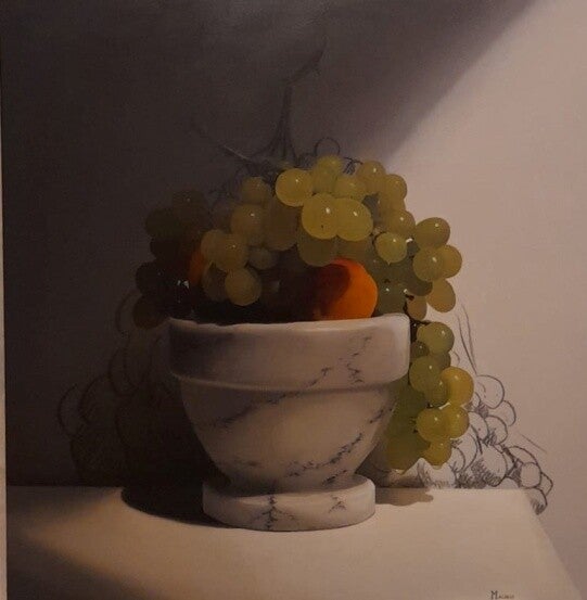Idea prima, olio su tela 55×55 cm, 2015 – dipinto di Mauro Miconi Composizione disarmonica successivamente corretta attraverso l’intervento del disegno come struttura espressiva