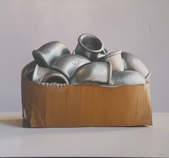 Situazione transitoria, olio su tela 100×90 cm, 2007 – dipinto di Mauro Miconi Esplorazione con materiali industriali, direzione indagata per alcuni anni e successivamente abbandonata