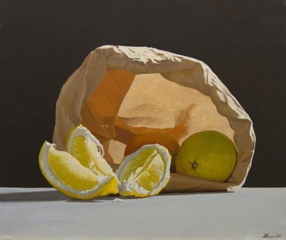 Stare dentro, stare fuori, olio su tela 60×50 cm, 2001 – dipinto di Mauro Miconi In questo lavoro il contenitore smette di essere neutro e diventa un agente attivo di forze