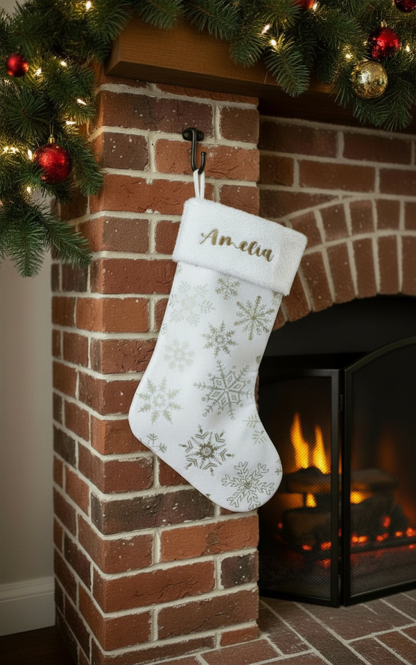Chaussette de Noël blanche personnalisée avec prénom – Décoration sapin ou cheminée