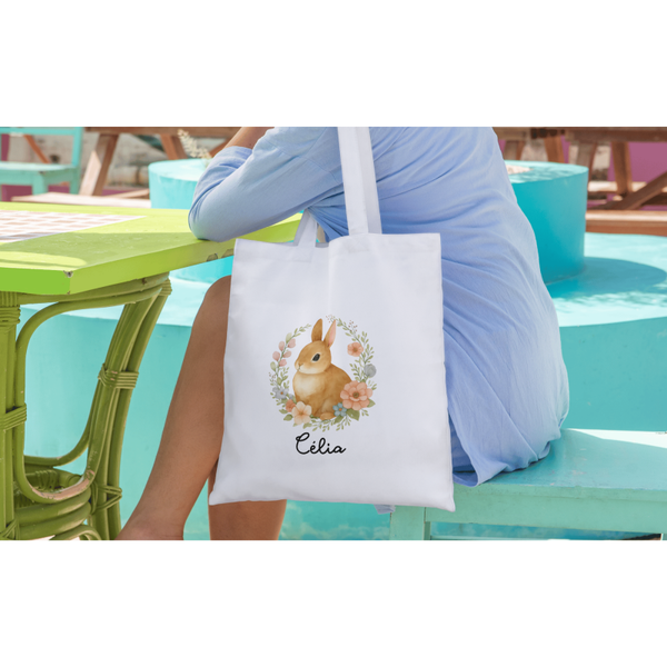 Tote bag Pâques personnalisé avec prénom – Sac lapin fleuri