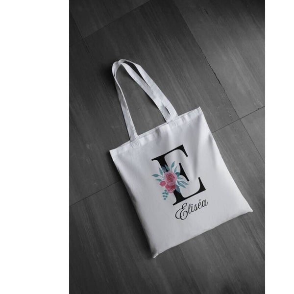 Tote Bag Initiale Fleurie Coloré Personnalisée – Sac en toile 32 x 38 cm