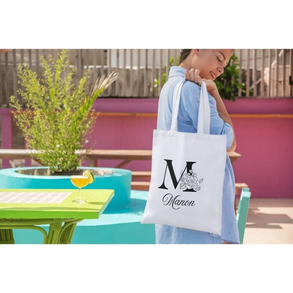 Tote Bag Initiale Fleurie Personnalisé avec Prénom – Sac en toile 32 x 38 cm