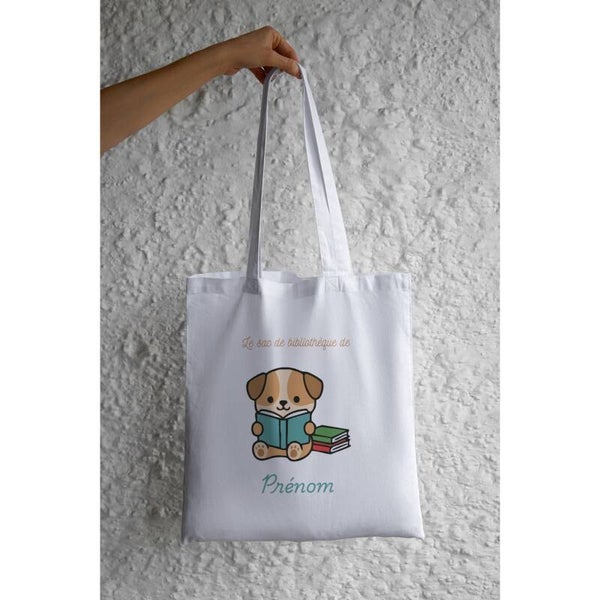 Tote Bag Enfant Personnalisé – Sac de bibliothèque avec prénom (Petit chien)
