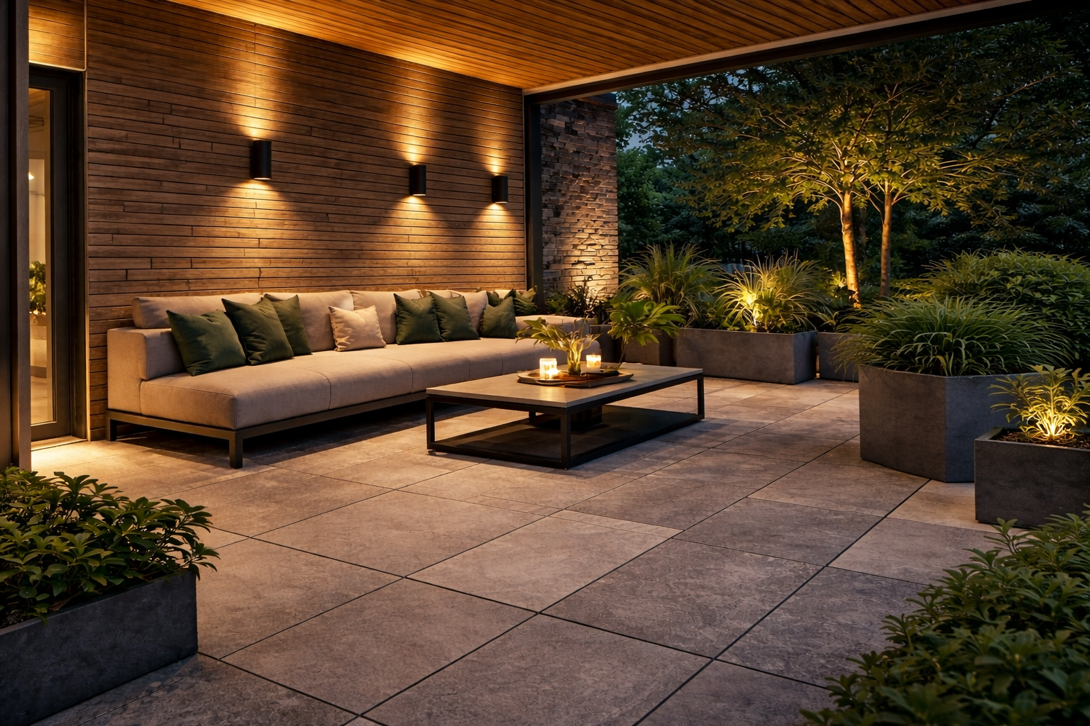 moderne Terrasse Fliesen Wandpaneele Holz Outdoor Lounge Beleuchtung