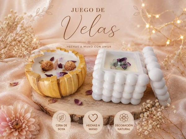 Caja cuadrada de esferas con vela en yeso cerámico