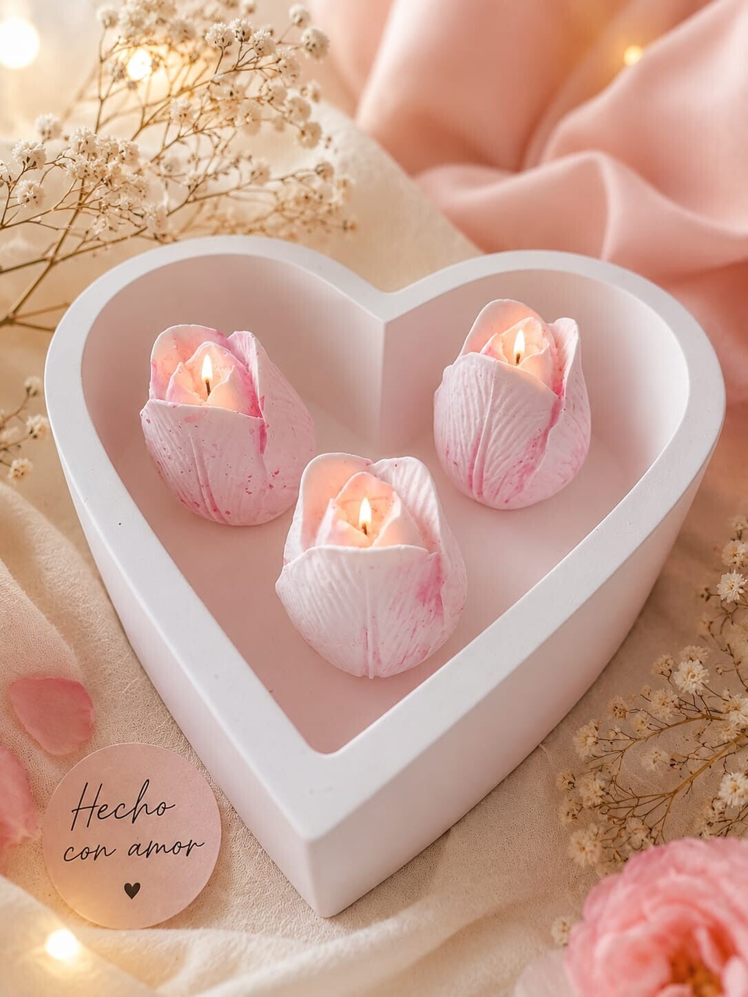 Trío de Velas Rosa en bandeja Corazón