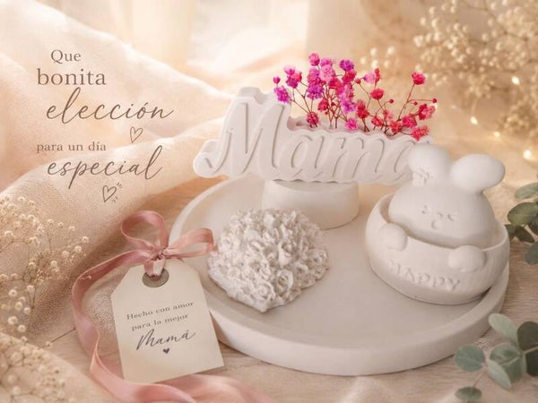 Bandeja redonda MAMÁ con conejito y corazón en yeso cerámico