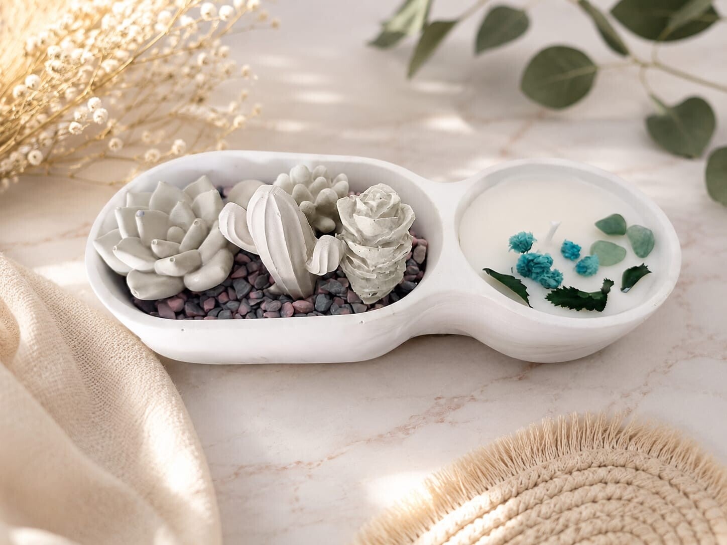 Macetero de cactus de yeso + vela de soja de yeso cerámico