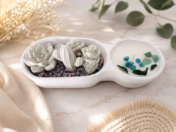 Macetero de cactus de yeso + vela de soja de yeso cerámico