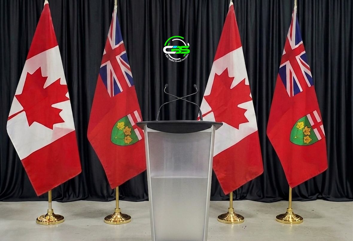 End-to-End AV Services, Stage Design, Flag Rental and Protocol, Executive Grade Presenter Infrastructure, full-suite AV Equipment rentals in Toronto, York Region, the GTHA, Niagara Region, Region Of Waterloo, Simcoe County, Durham and across Ontario