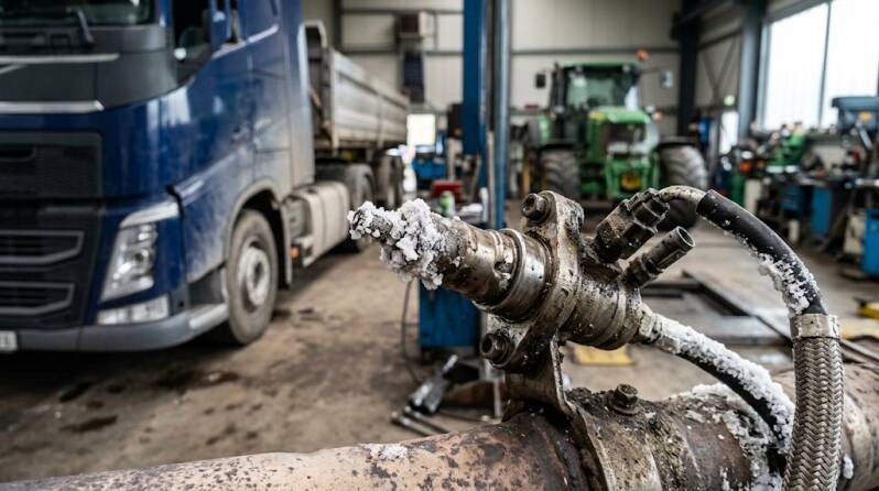 Inyector de AdBlue con cristales de urea en un taller, con un camión y un tractor al fondo