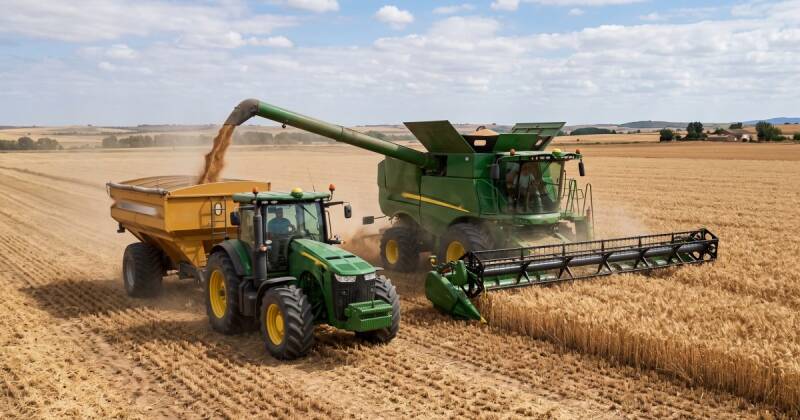 Tractor y cosechadora trabajando en la cosecha de cereal, maquinaria agrícola que funciona con gasóleo B