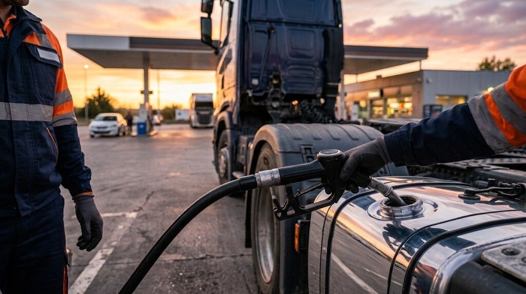 Camión repostando gasóleo en una estación de servicio al atardecer