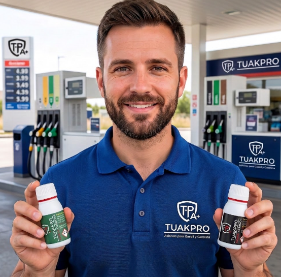 Hombre sosteniendo los botes de aditivos de Gasoil y Gasolina de Tuakpro, en una gasolinera de la misma marca 